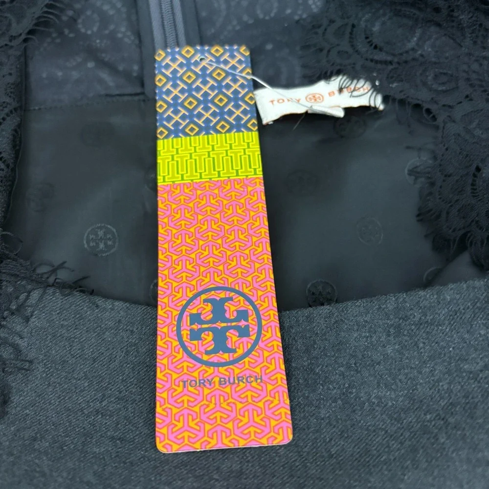 NWT Tory Burch Lainey Dress Size 6 Grey Melange Black Lace 3/4 Sleeve Wool Blend
